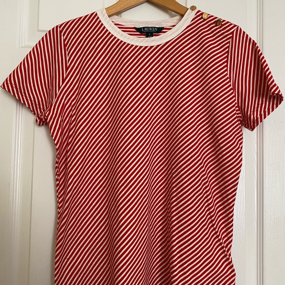 NWOT Lauren Ralph Lauren Red and White Diagonal Stripe Short Sleeve Tee